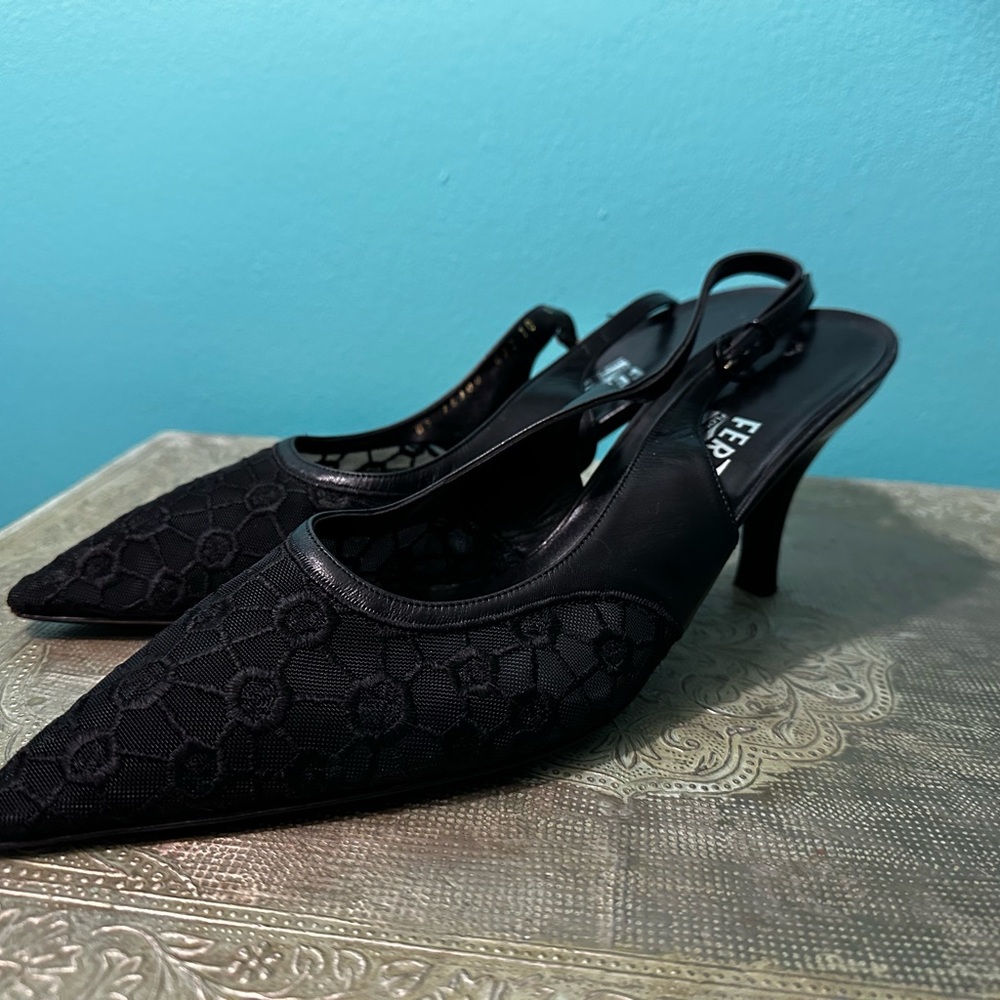 Vintage Salvatore Ferragamo Black Lace Slingback Heels- from Florence, Italy